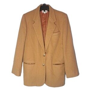 LL Bean Wool Cashmere‎ Worsted Wool Tan Womens 2 Button Blazer Coat Jacket sz 10